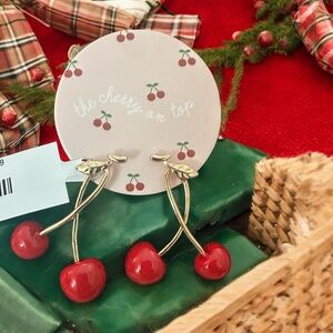 Cherry Red Dangle Earrings On A Gold Stem. New